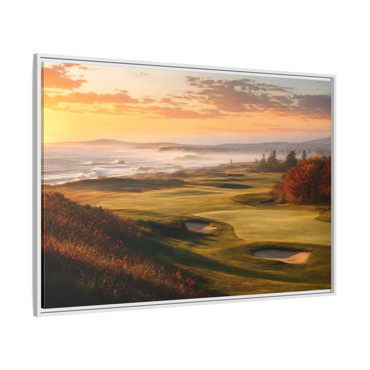 Side Mockup 7. Nature Golf Course Orange And Green shown as framed canvas print