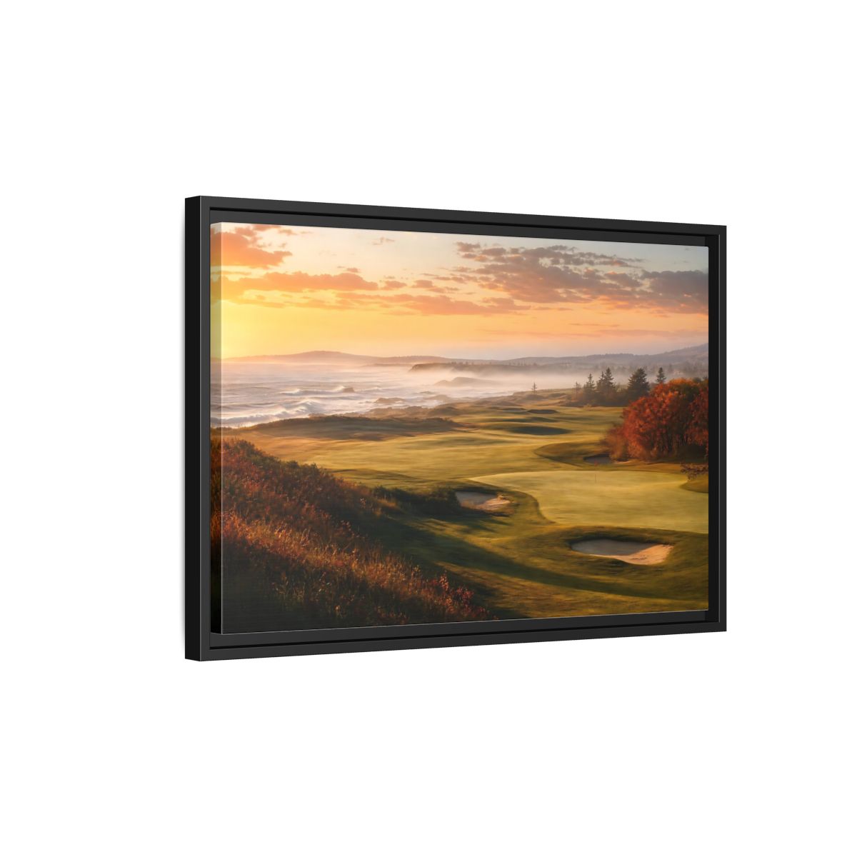 Side Mockup 3. Nature Golf Course Orange And Green shown as framed canvas print