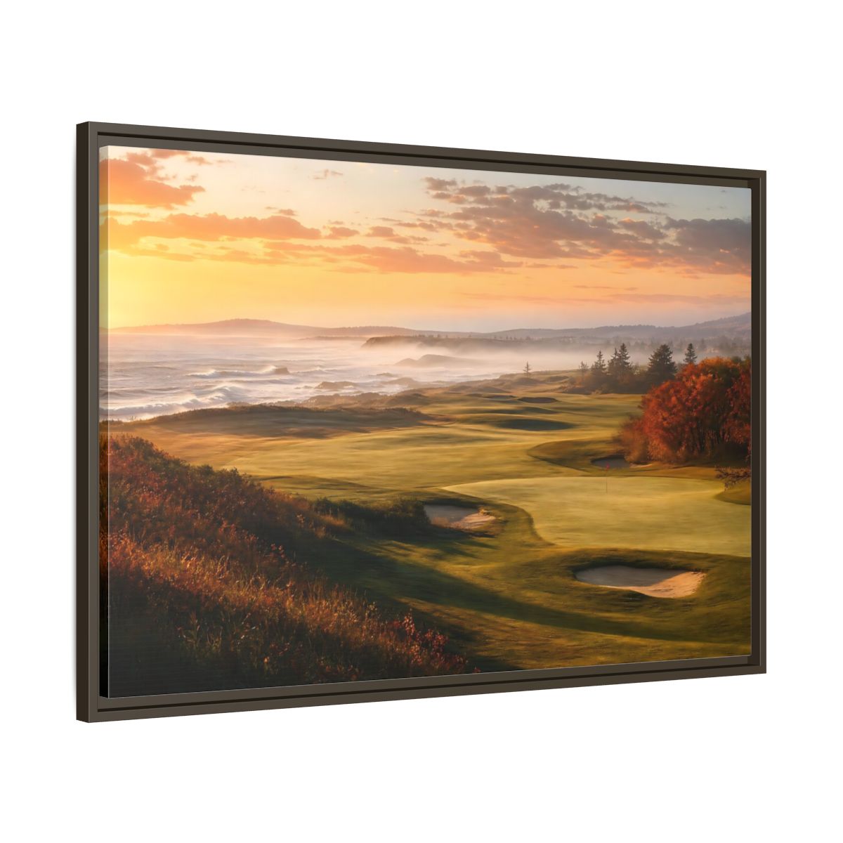 Main Mockup. Nature Golf Course Orange And Green shown as framed canvas print