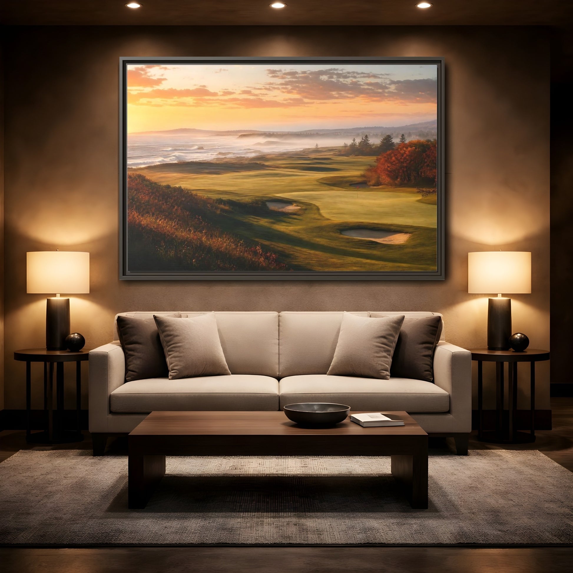 Mockup 2. Nature Golf Course Orange And Green shown as framed canvas print