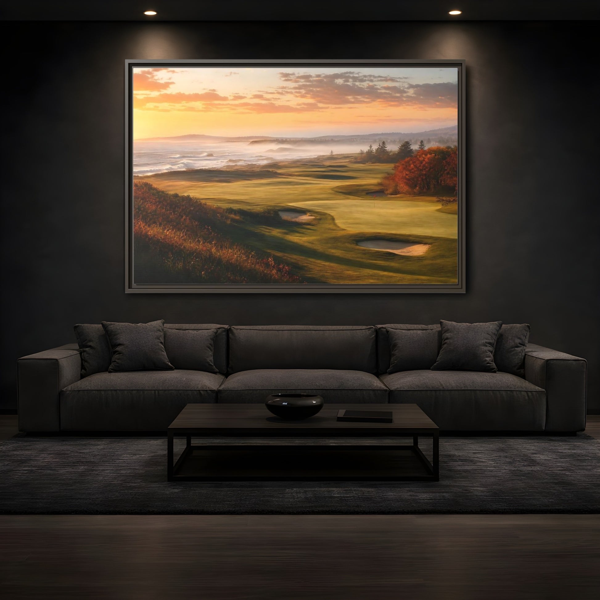 Mockup 3. Nature Golf Course Orange And Green shown as framed canvas print