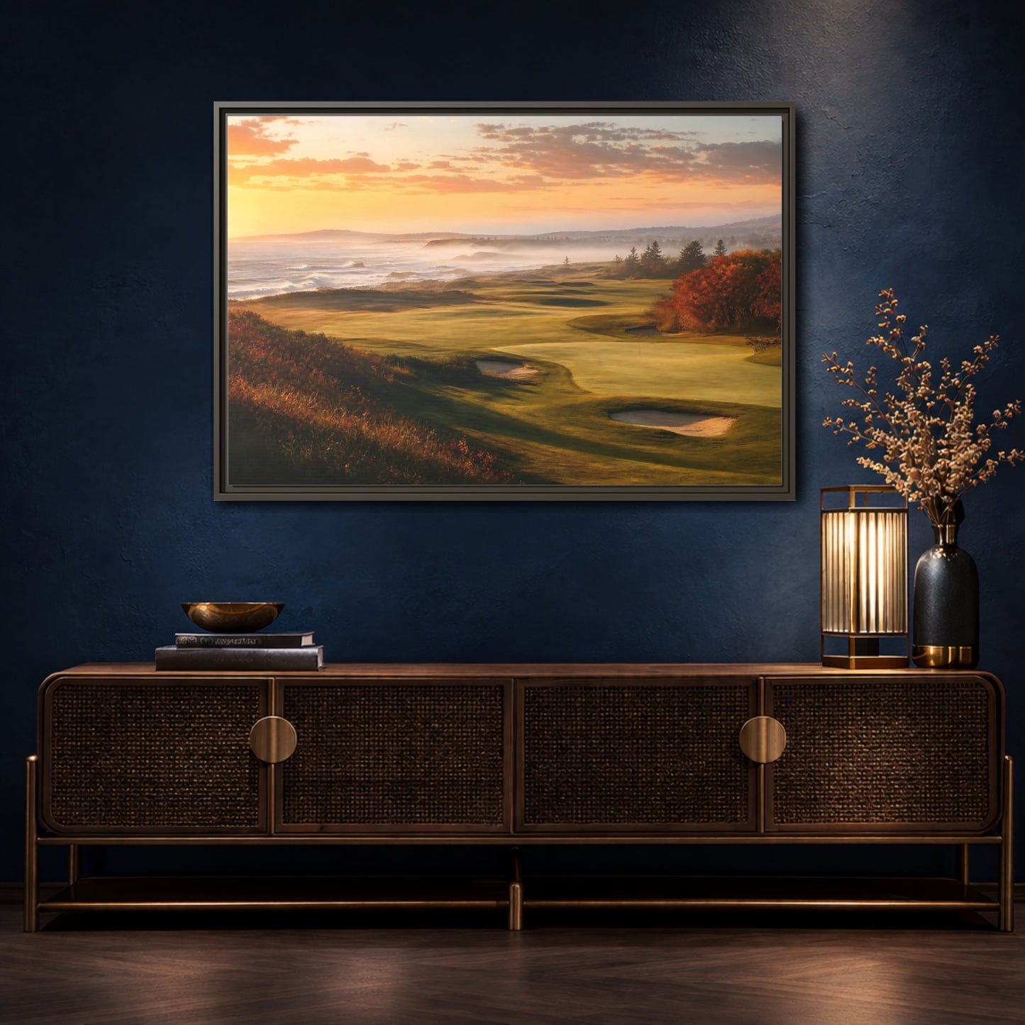 Mockup 4. Nature Golf Course Orange And Green shown as framed canvas print