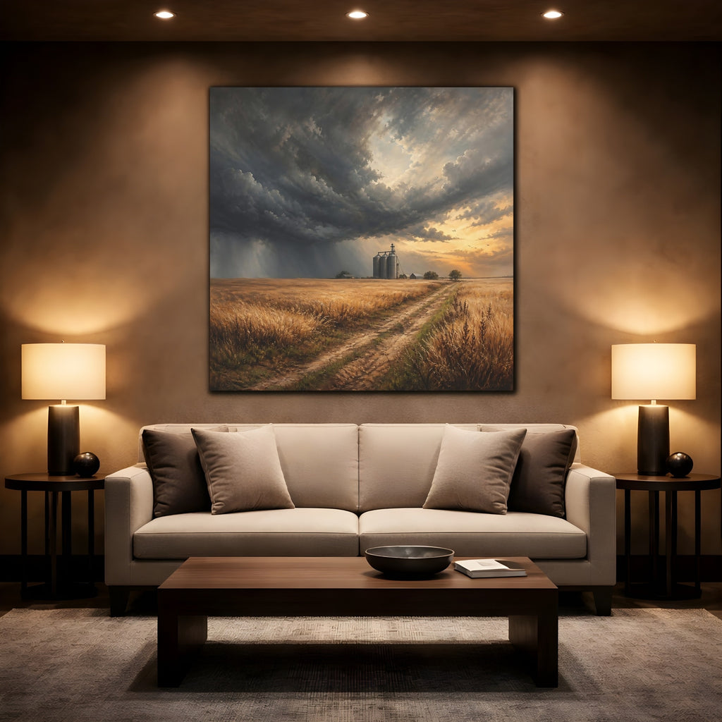 Mockup 2. Nature Grain Silos Golden Brown Landscape shown as stretched canvas wall art