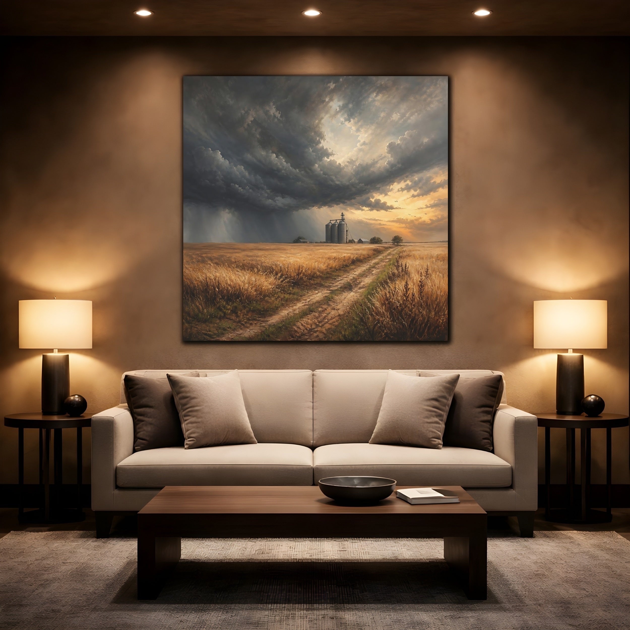Mockup 2. Nature Grain Silos Golden Brown Landscape shown as stretched canvas wall art