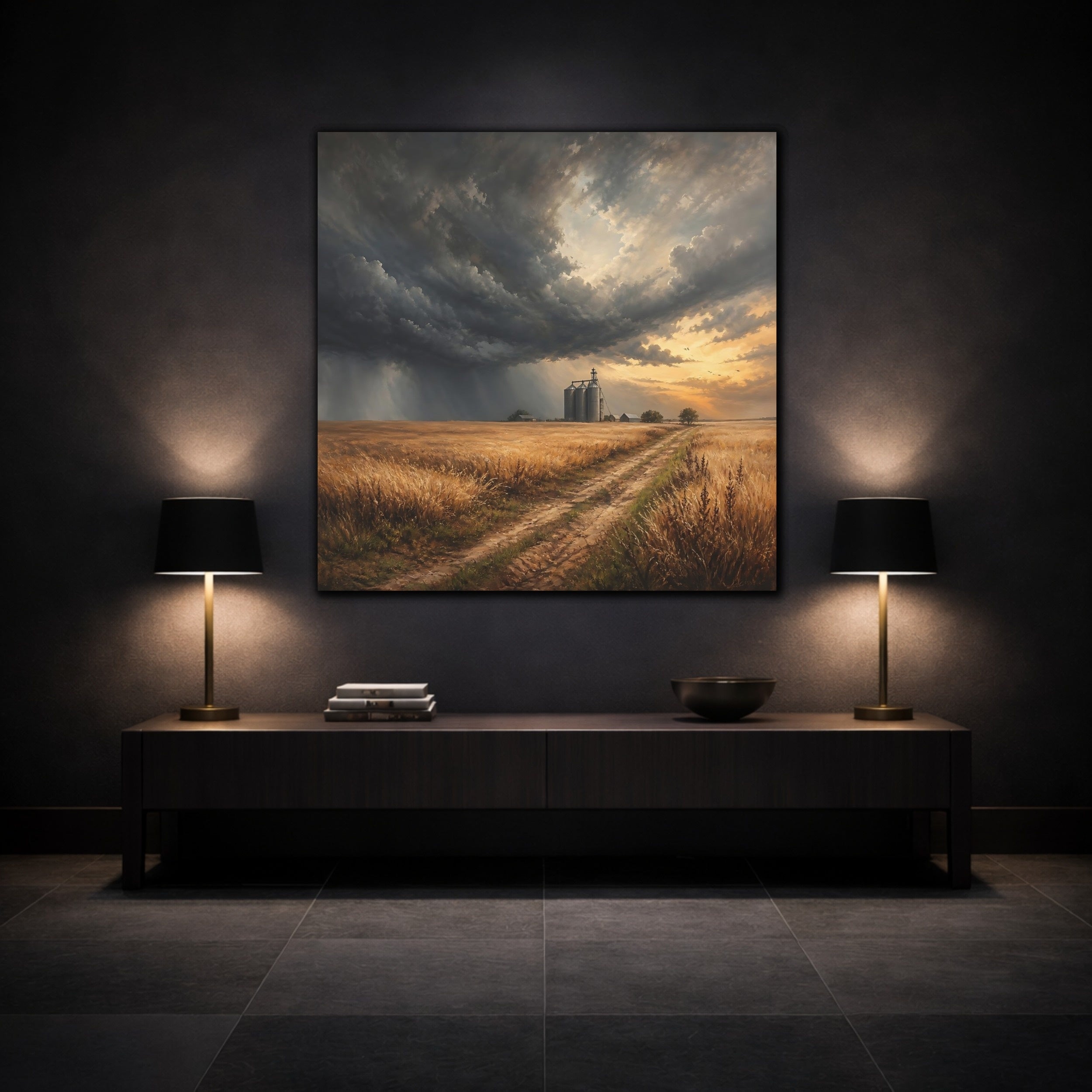 Mockup 3. Nature Grain Silos Golden Brown Landscape shown as stretched canvas wall art