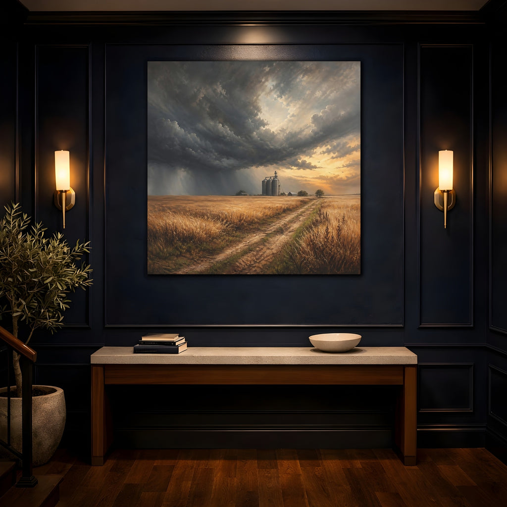 Mockup 4. Nature Grain Silos Golden Brown Landscape shown as stretched canvas wall art