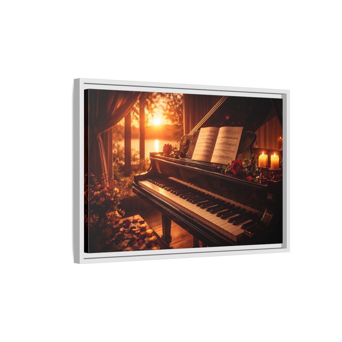 Side Mockup 1. Nature Grand Piano Golden Sunset Piano shown as stretched canvas wall art