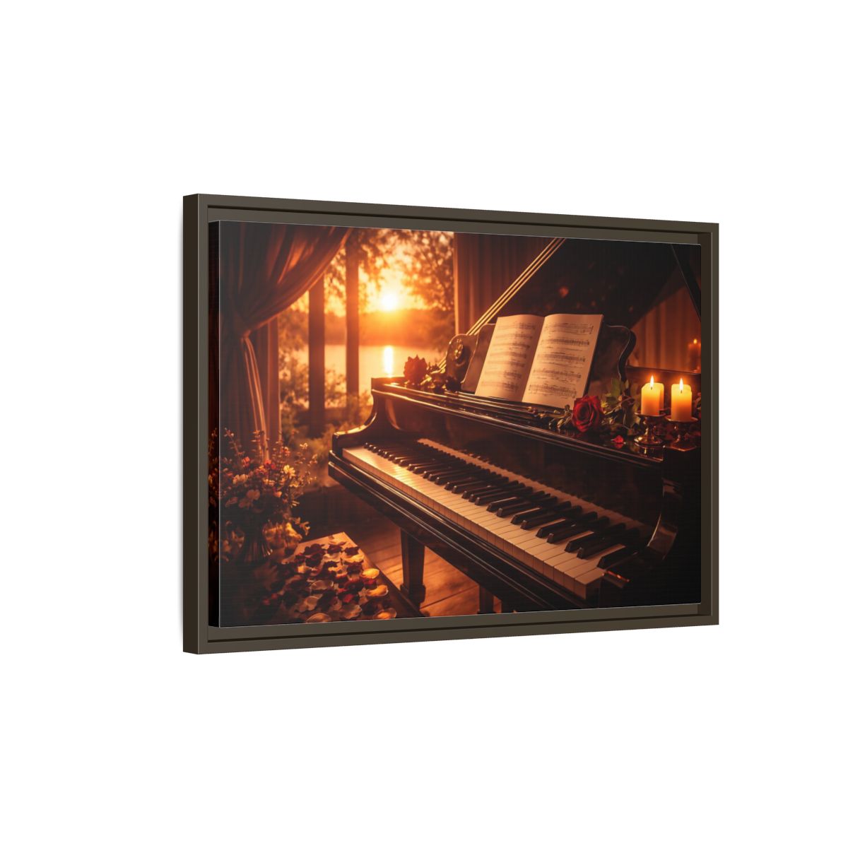 Side Mockup 2. Nature Grand Piano Golden Sunset Piano shown as stretched canvas wall art