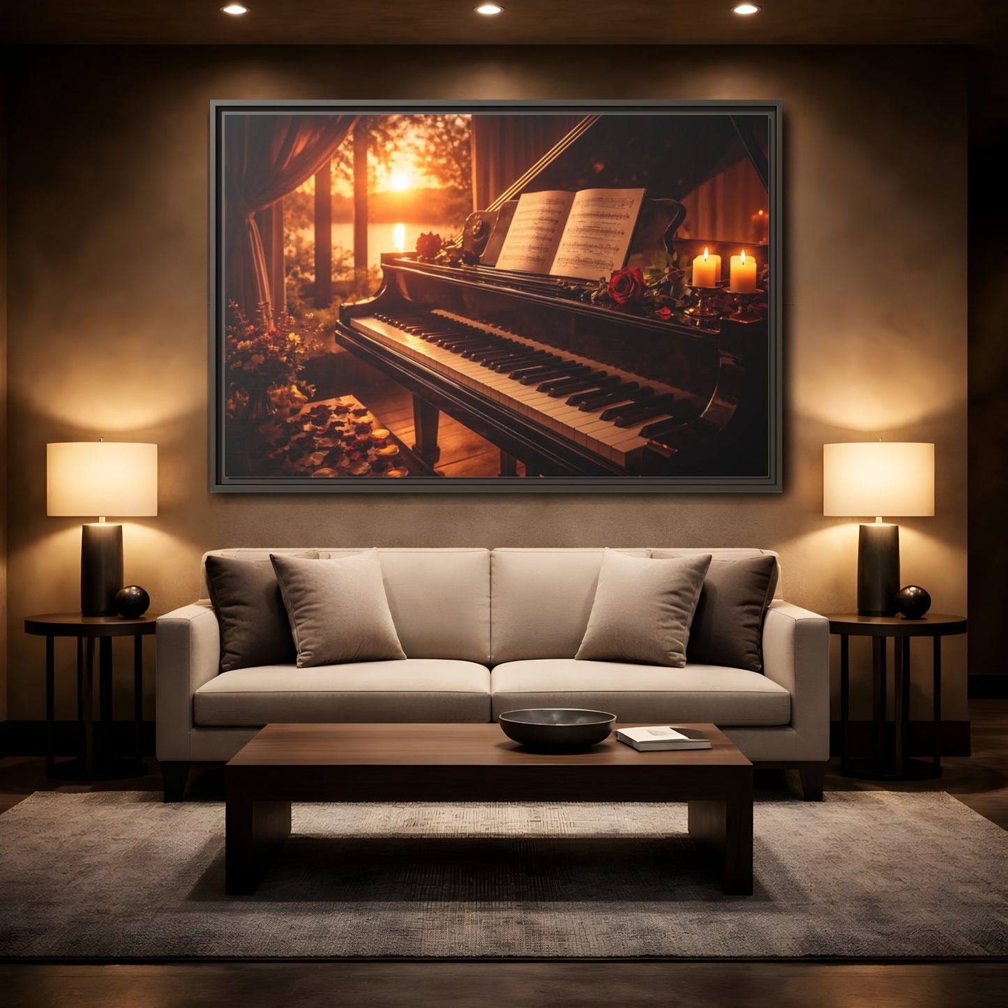 Mockup 2. Nature Grand Piano Golden Sunset Piano shown as stretched canvas wall art