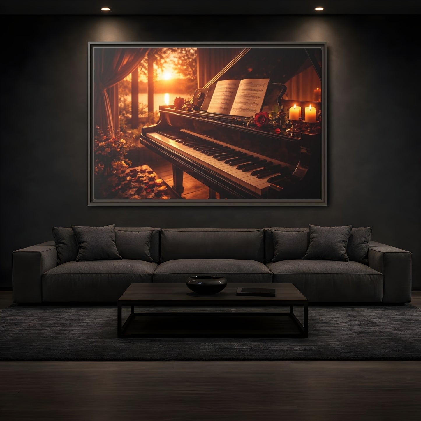 Mockup 3. Nature Grand Piano Golden Sunset Piano shown as stretched canvas wall art