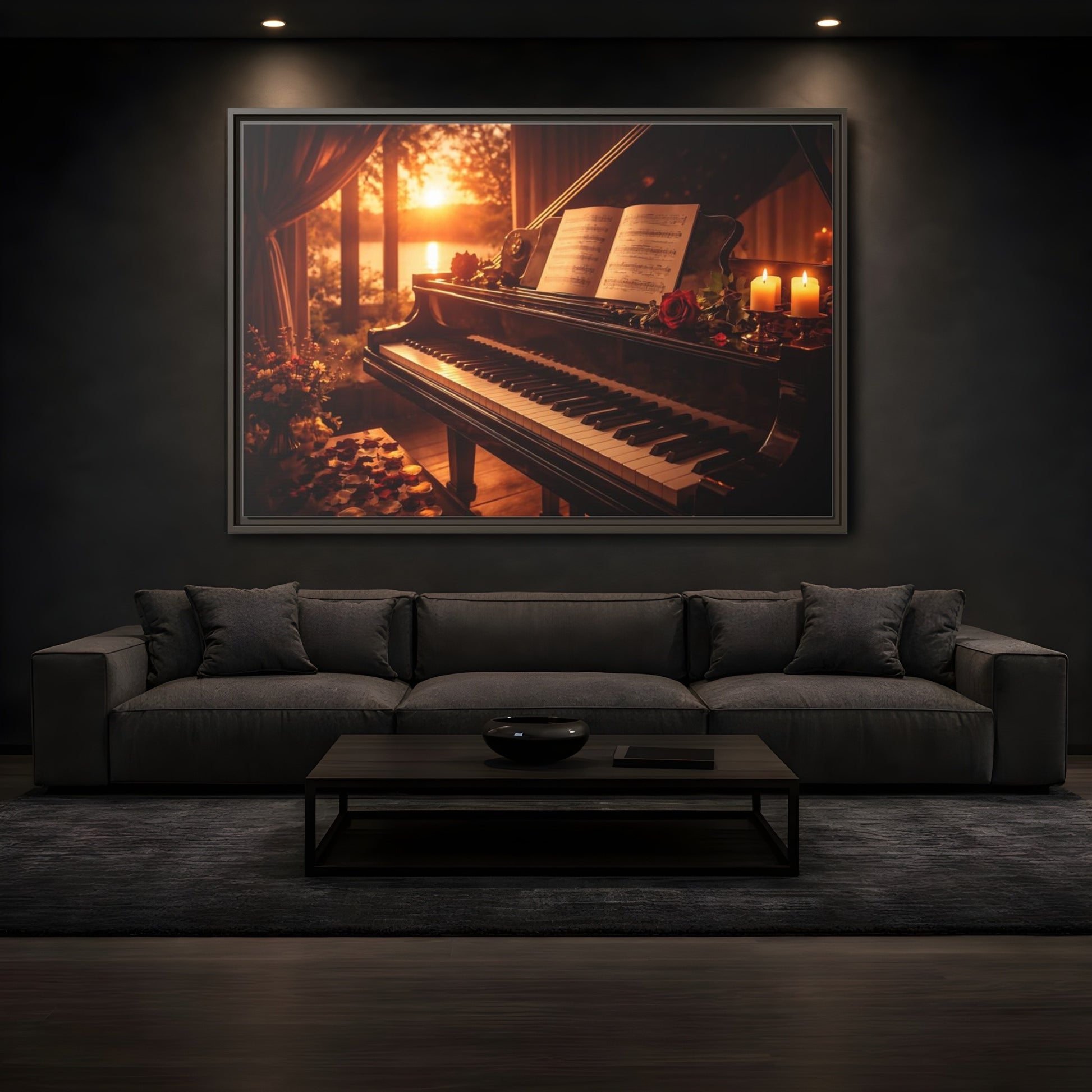 Mockup 3. Nature Grand Piano Golden Sunset Piano shown as stretched canvas wall art