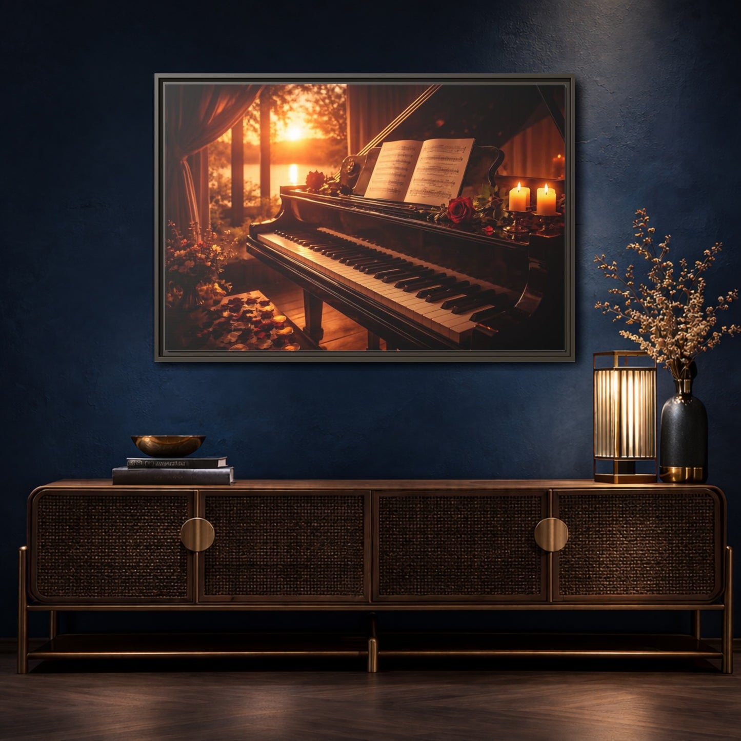 Mockup 4. Nature Grand Piano Golden Sunset Piano shown as stretched canvas wall art