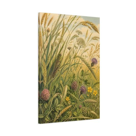 Main Mockup. Nature Grasshopper Green Meadow shown as stretched canvas wall art