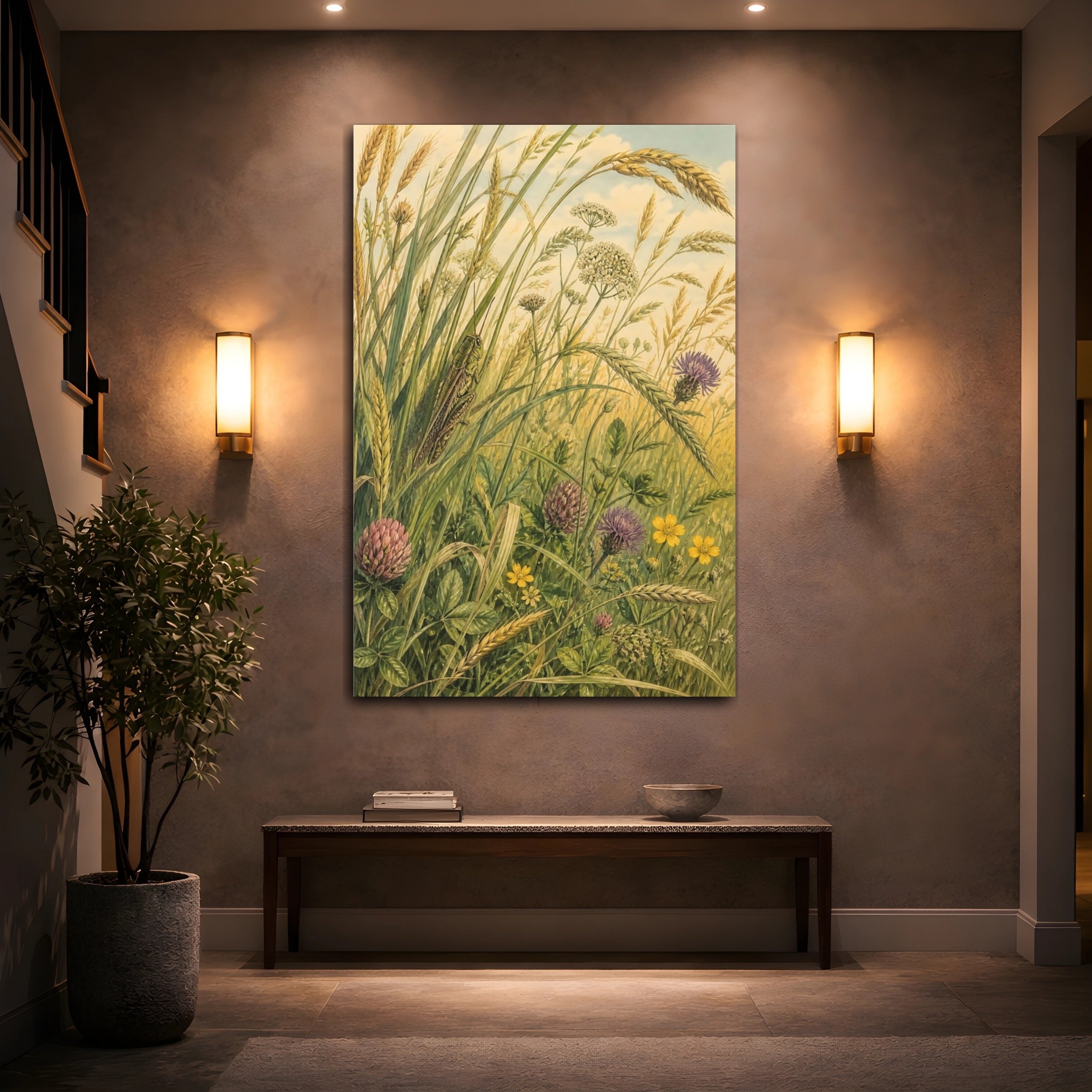 Mockup 2. Nature Grasshopper Green Meadow shown as stretched canvas wall art
