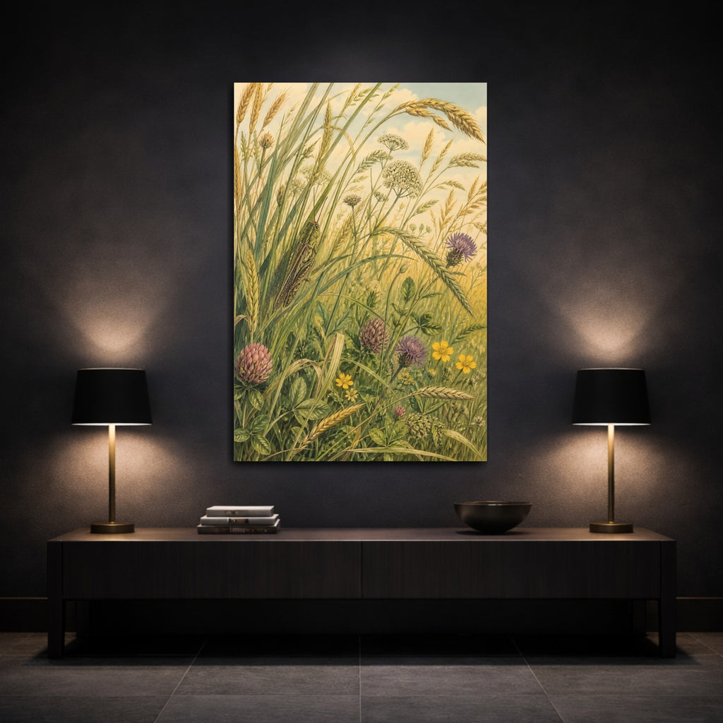 Mockup 3. Nature Grasshopper Green Meadow shown as stretched canvas wall art