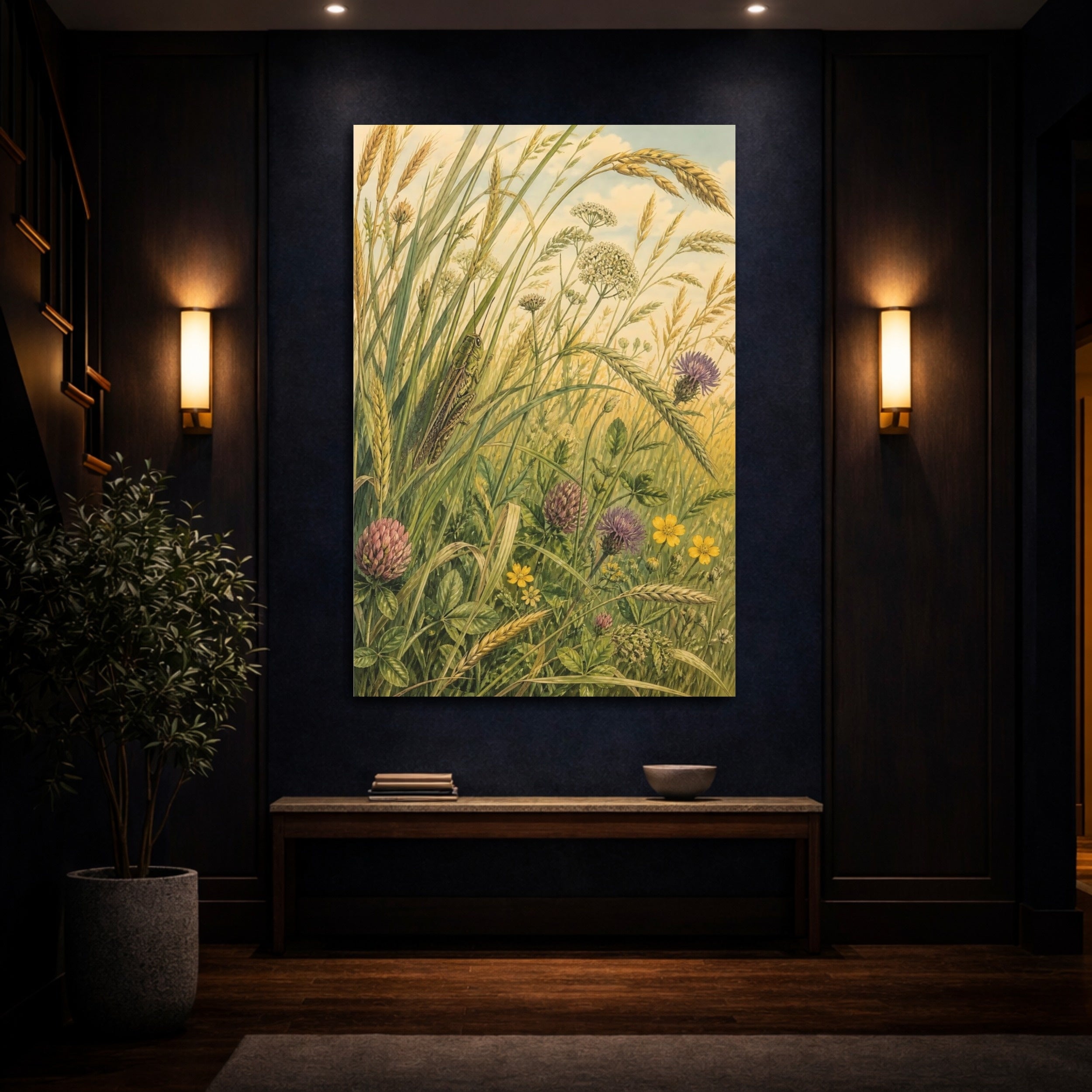 Mockup 4. Nature Grasshopper Green Meadow shown as stretched canvas wall art