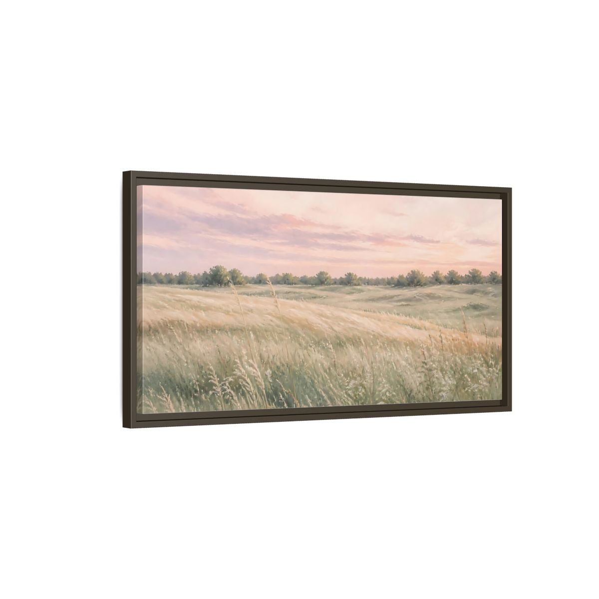 Main Mockup. Nature Grassy Field Pink And Green Field shown as stretched canvas wall art