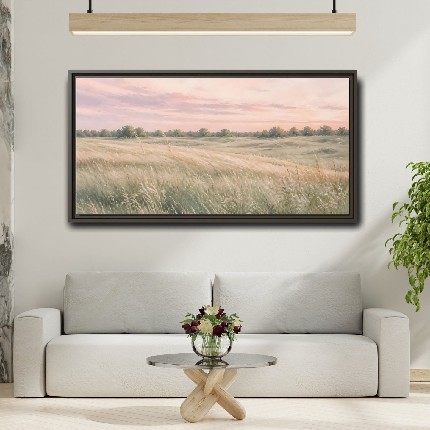 Mockup 2. Nature Grassy Field Pink And Green Field shown as stretched canvas wall art