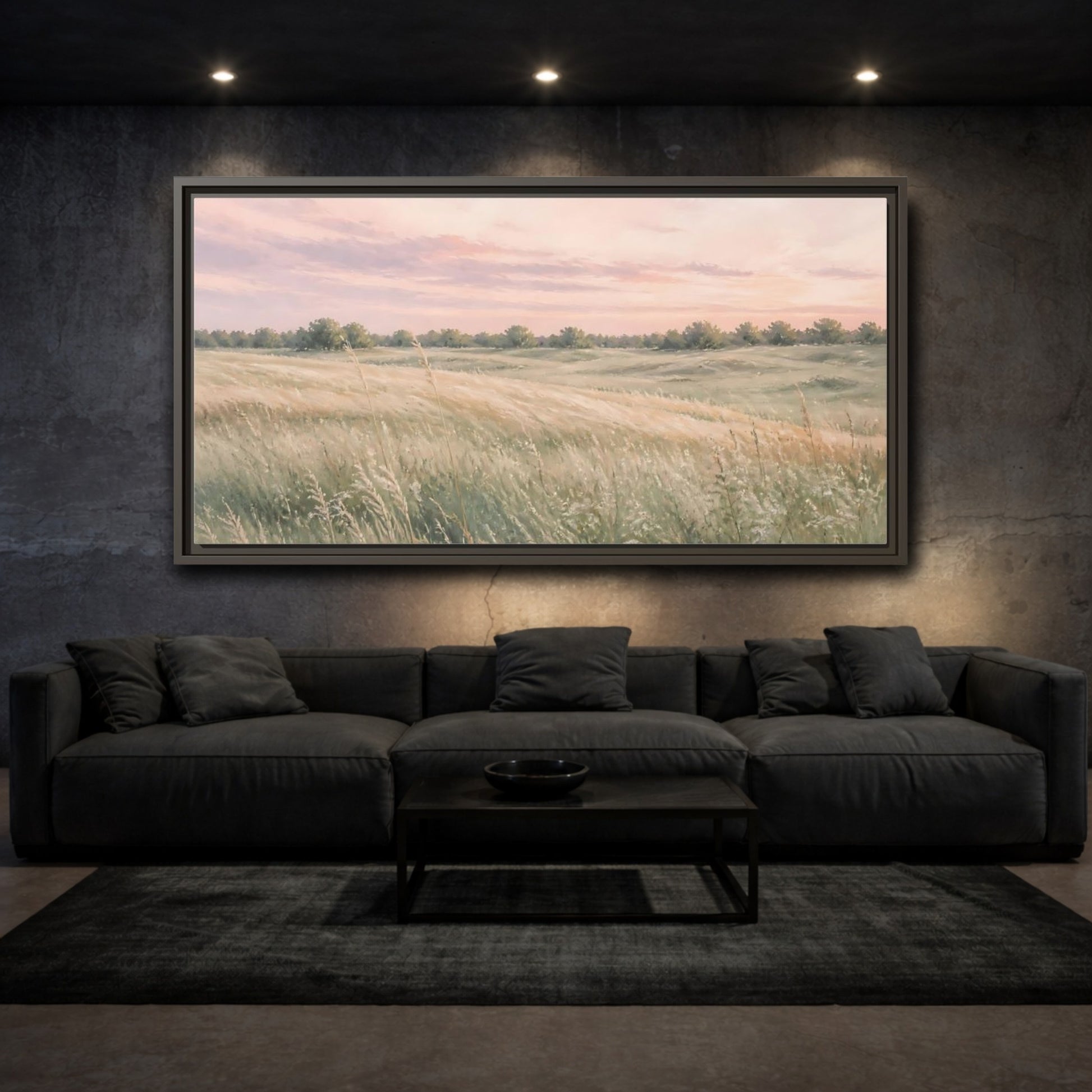 Mockup 3. Nature Grassy Field Pink And Green Field shown as stretched canvas wall art