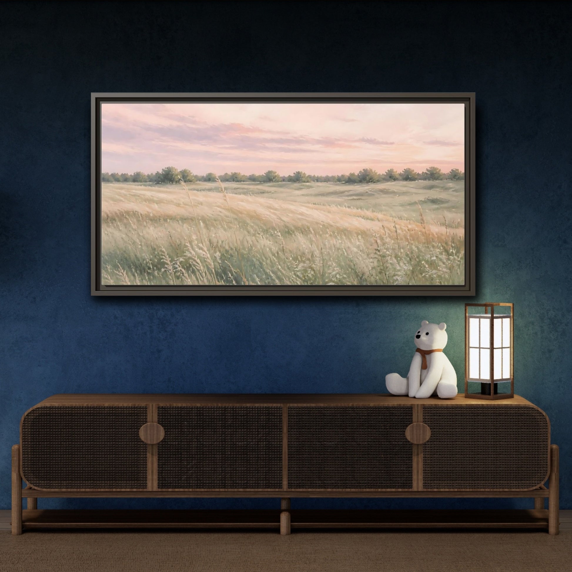 Mockup 4. Nature Grassy Field Pink And Green Field shown as stretched canvas wall art