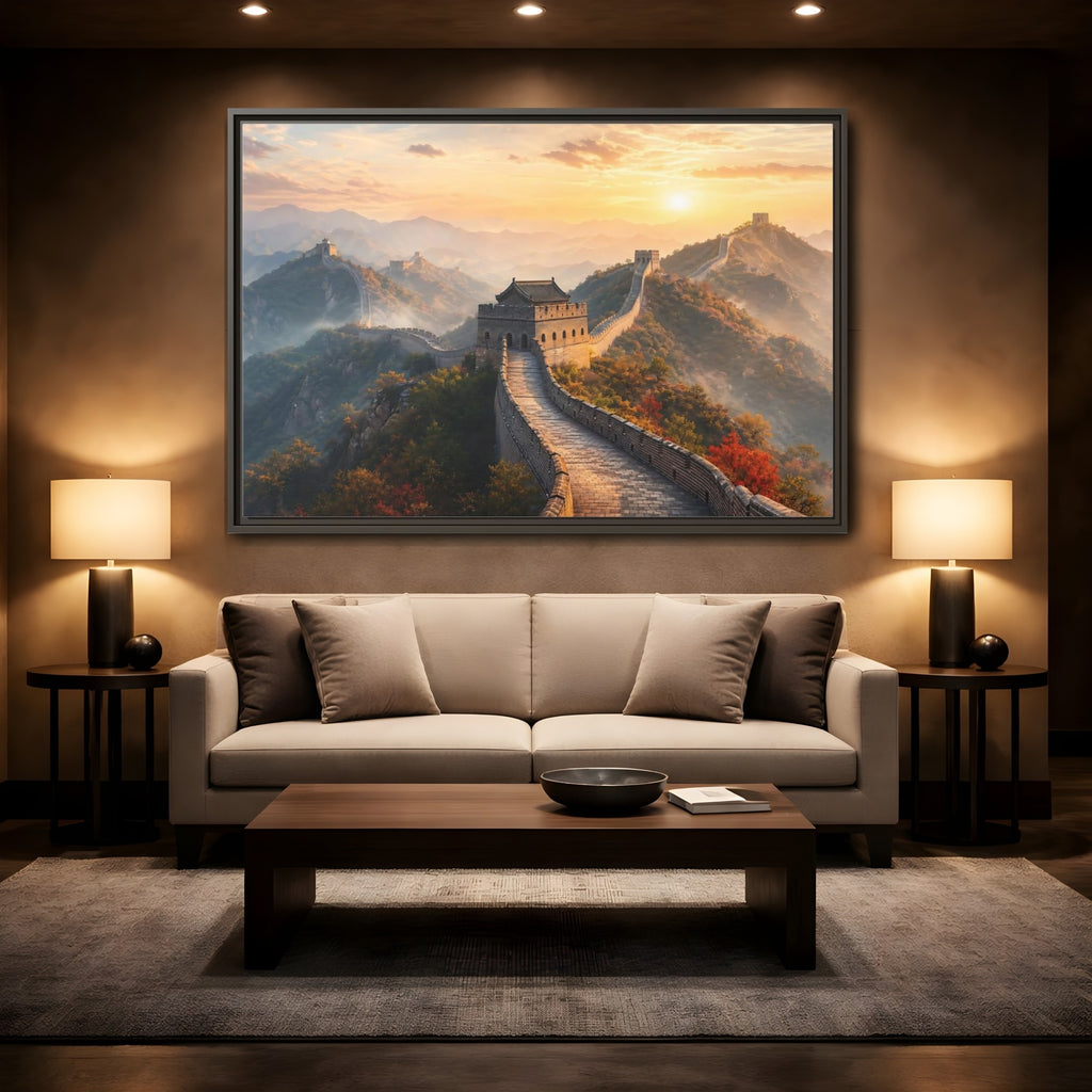 Mockup 2. Nature Great Wall Great Wall Sunset shown as stretched canvas wall art