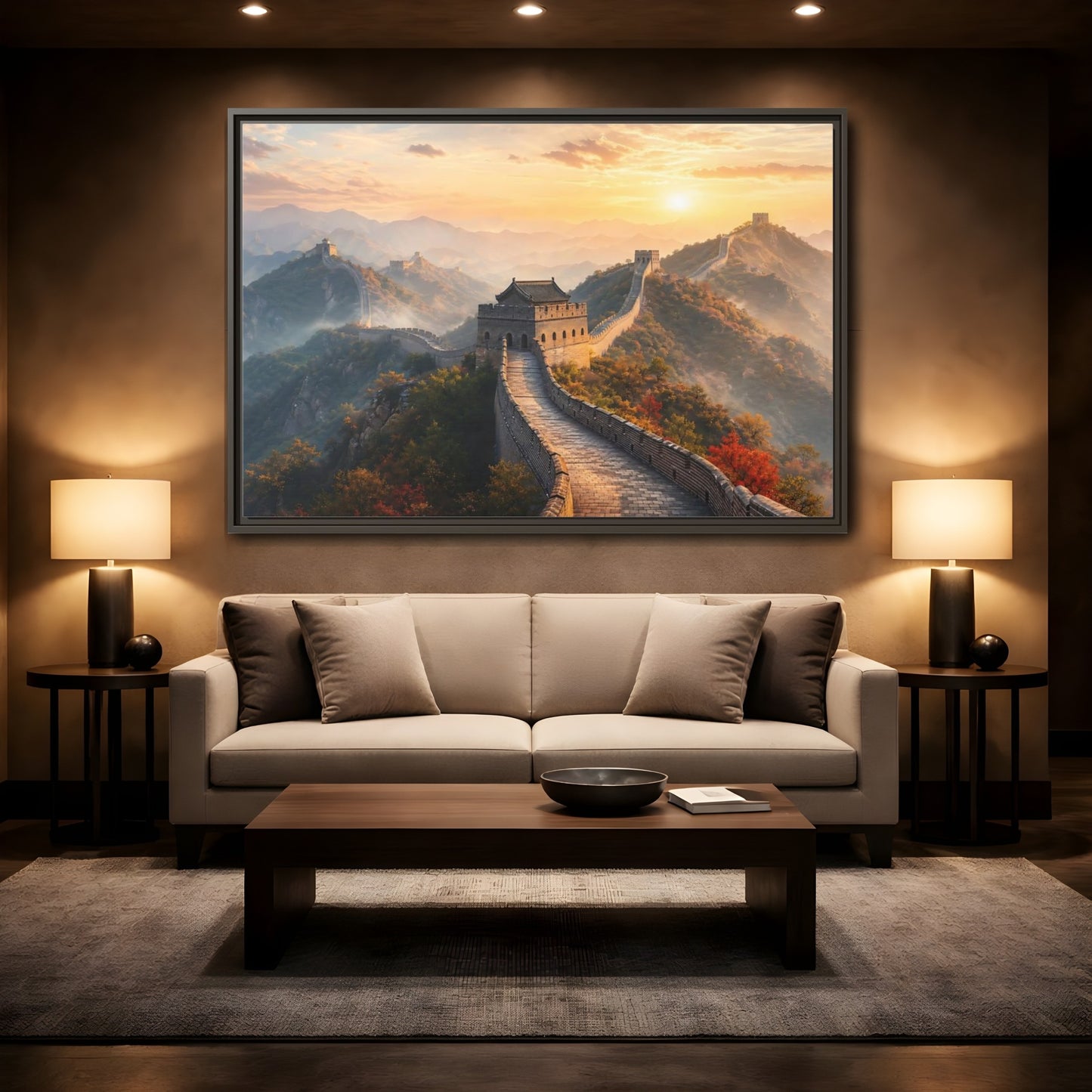 Mockup 2. Nature Great Wall Great Wall Sunset shown as stretched canvas wall art
