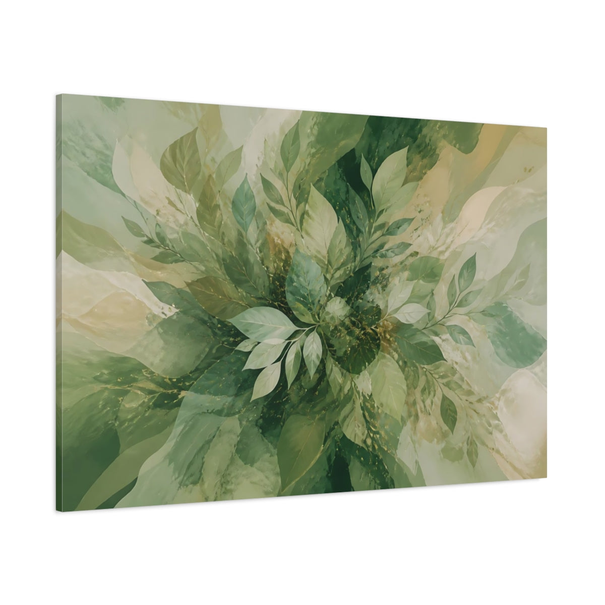 Side Mockup 1. Nature Green Leaves Green Abstract Botanical shown as stretched canvas wall art