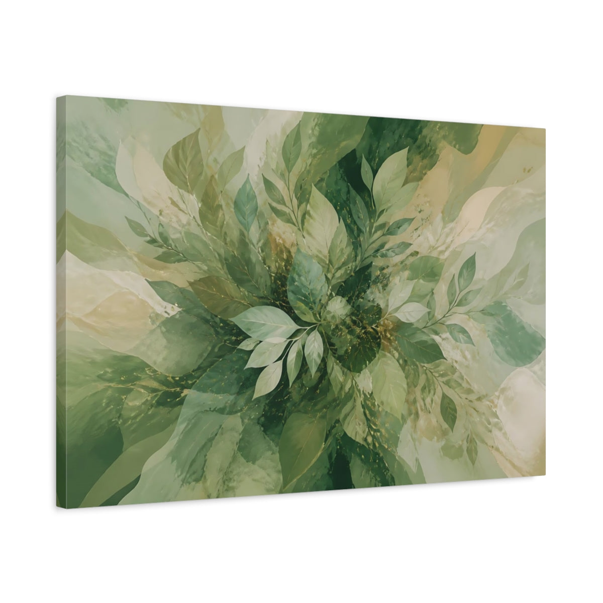 Side Mockup 2. Nature Green Leaves Green Abstract Botanical shown as stretched canvas wall art