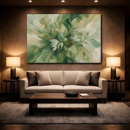 Mockup 2. Nature Green Leaves Green Abstract Botanical shown as stretched canvas wall art