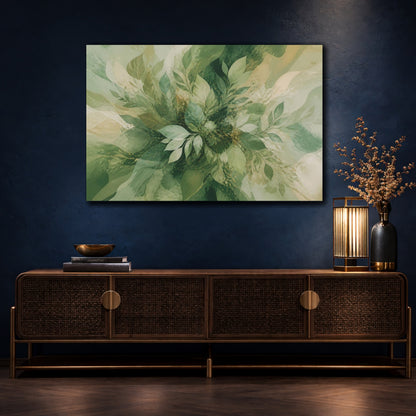 Mockup 4. Nature Green Leaves Green Abstract Botanical shown as stretched canvas wall art