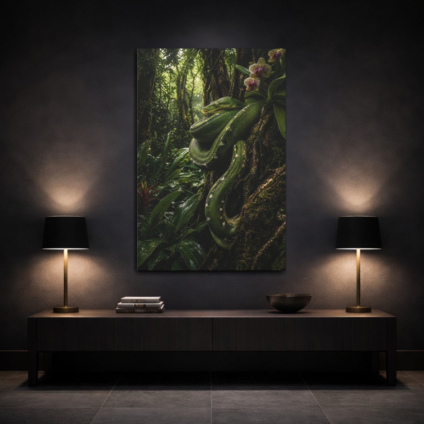 Mockup 3. Nature Green Snake Green Jungle shown as stretched canvas wall art