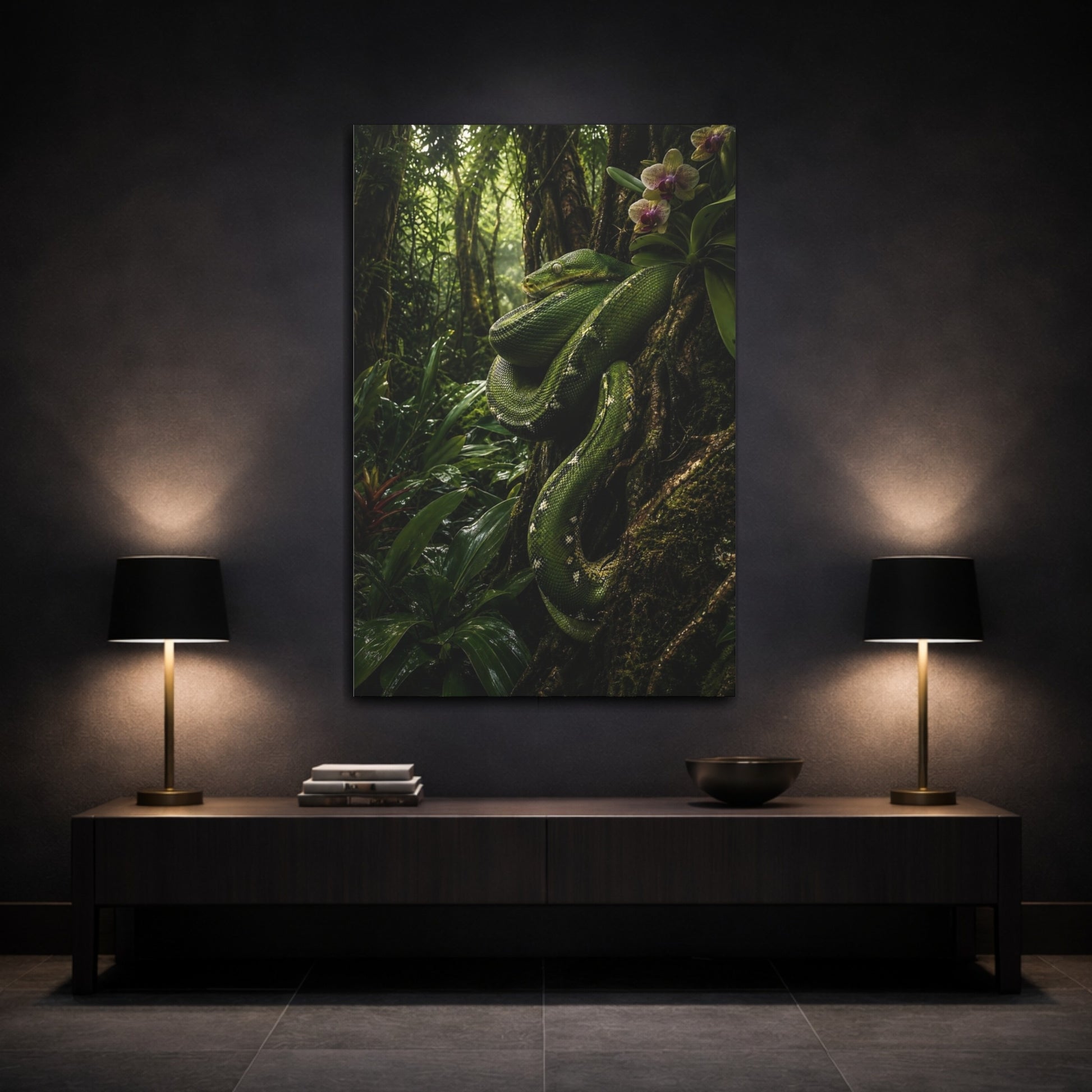 Mockup 3. Nature Green Snake Green Jungle shown as stretched canvas wall art