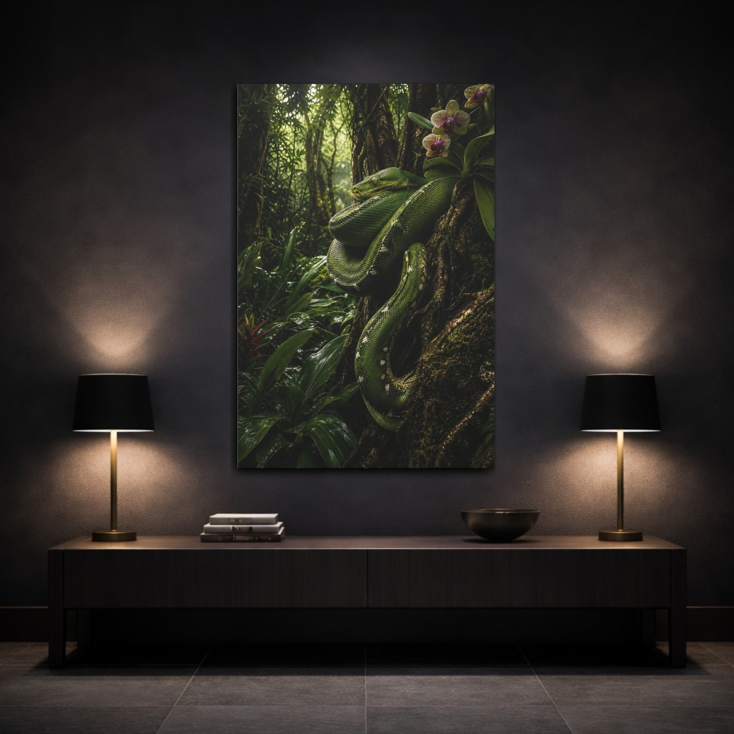 Mockup 3. Nature Green Snake Green Jungle shown as stretched canvas wall art