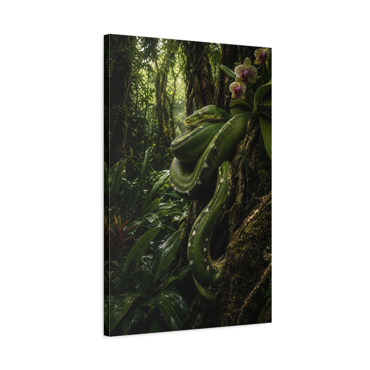 Side Mockup 2. Nature Green Snake Green Jungle shown as stretched canvas wall art