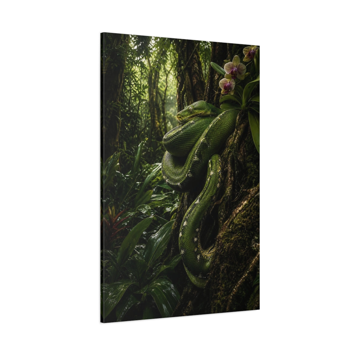 Side Mockup 1. Nature Green Snake Green Jungle shown as stretched canvas wall art