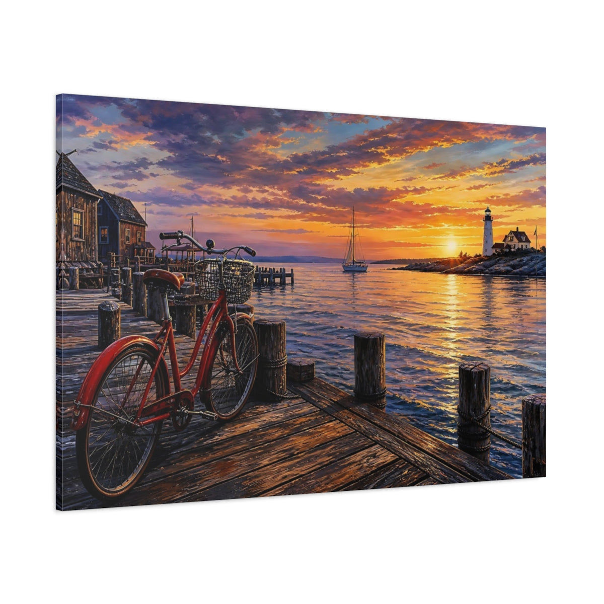 Side Mockup 1. Nature Harbor Sunset Vibrant Coastal Sunset shown as stretched canvas wall art