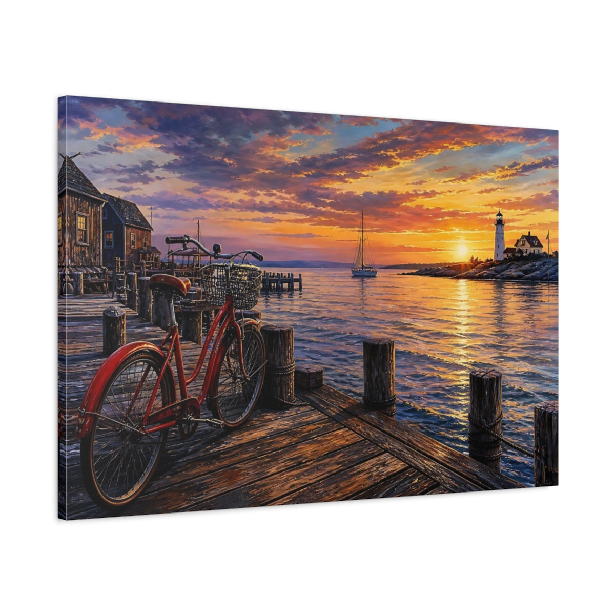 Main Mockup. Nature Harbor Sunset Vibrant Coastal Sunset shown as stretched canvas wall art