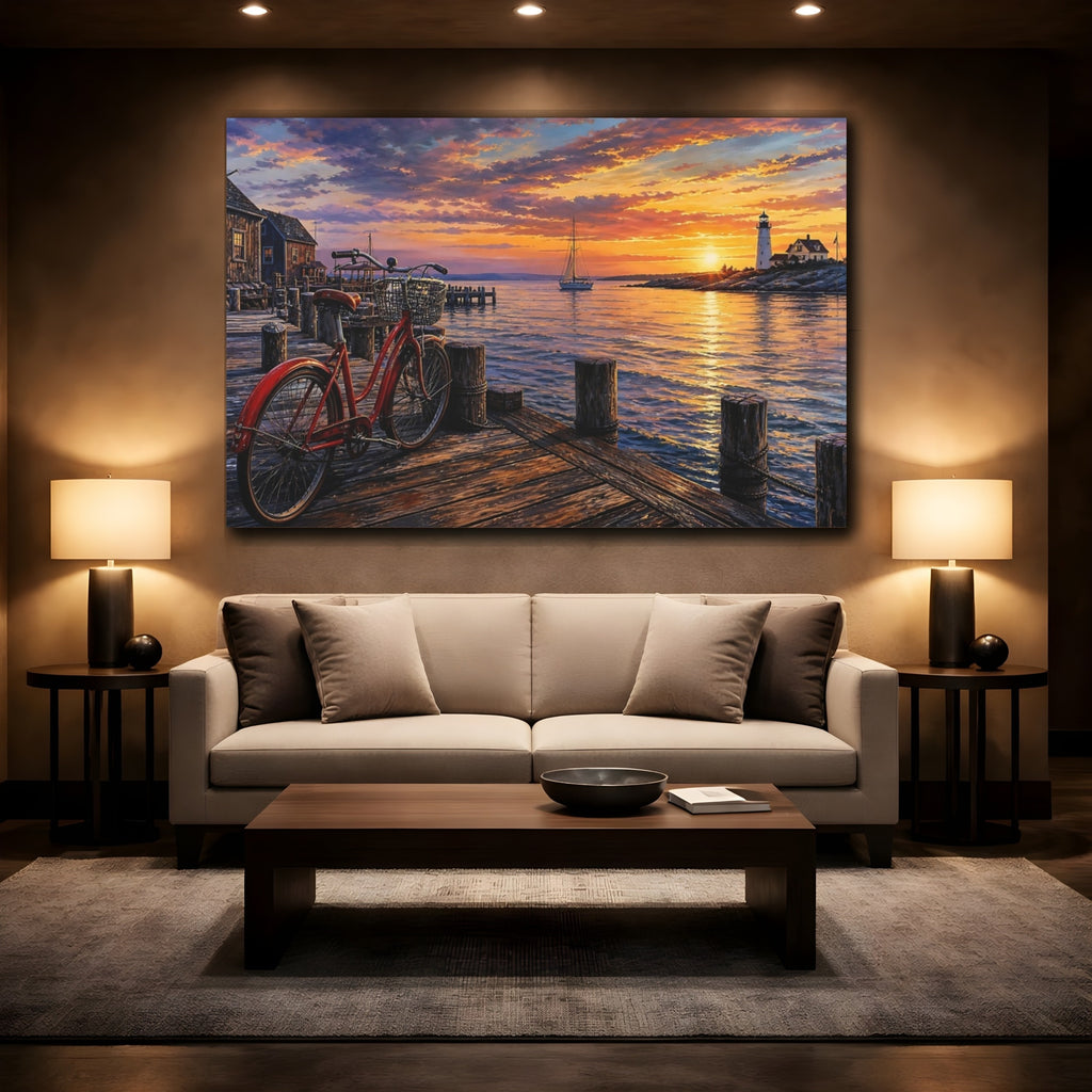 Mockup 2. Nature Harbor Sunset Vibrant Coastal Sunset shown as stretched canvas wall art