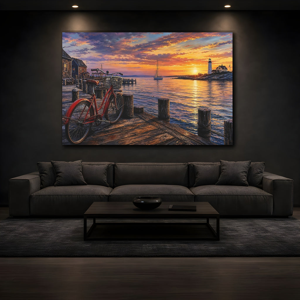 Mockup 3. Nature Harbor Sunset Vibrant Coastal Sunset shown as stretched canvas wall art