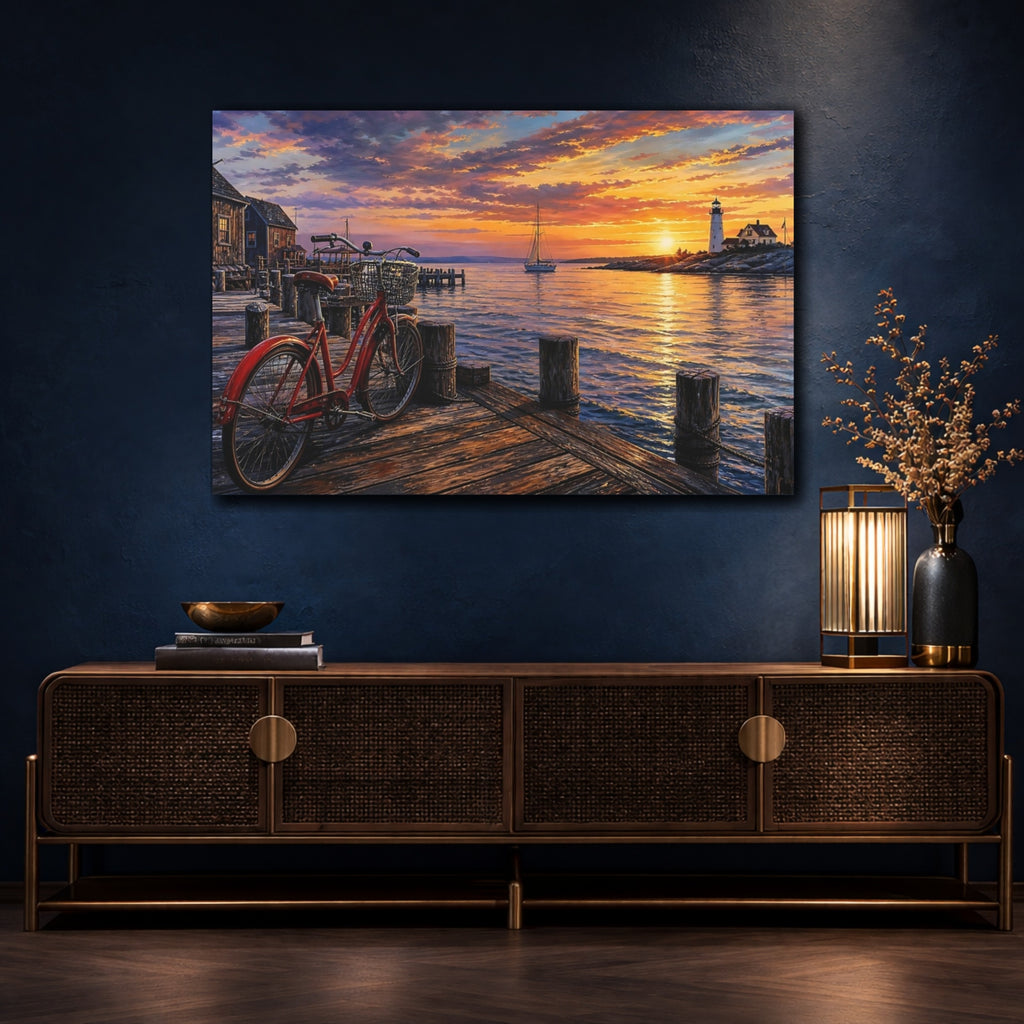 Mockup 4. Nature Harbor Sunset Vibrant Coastal Sunset shown as stretched canvas wall art