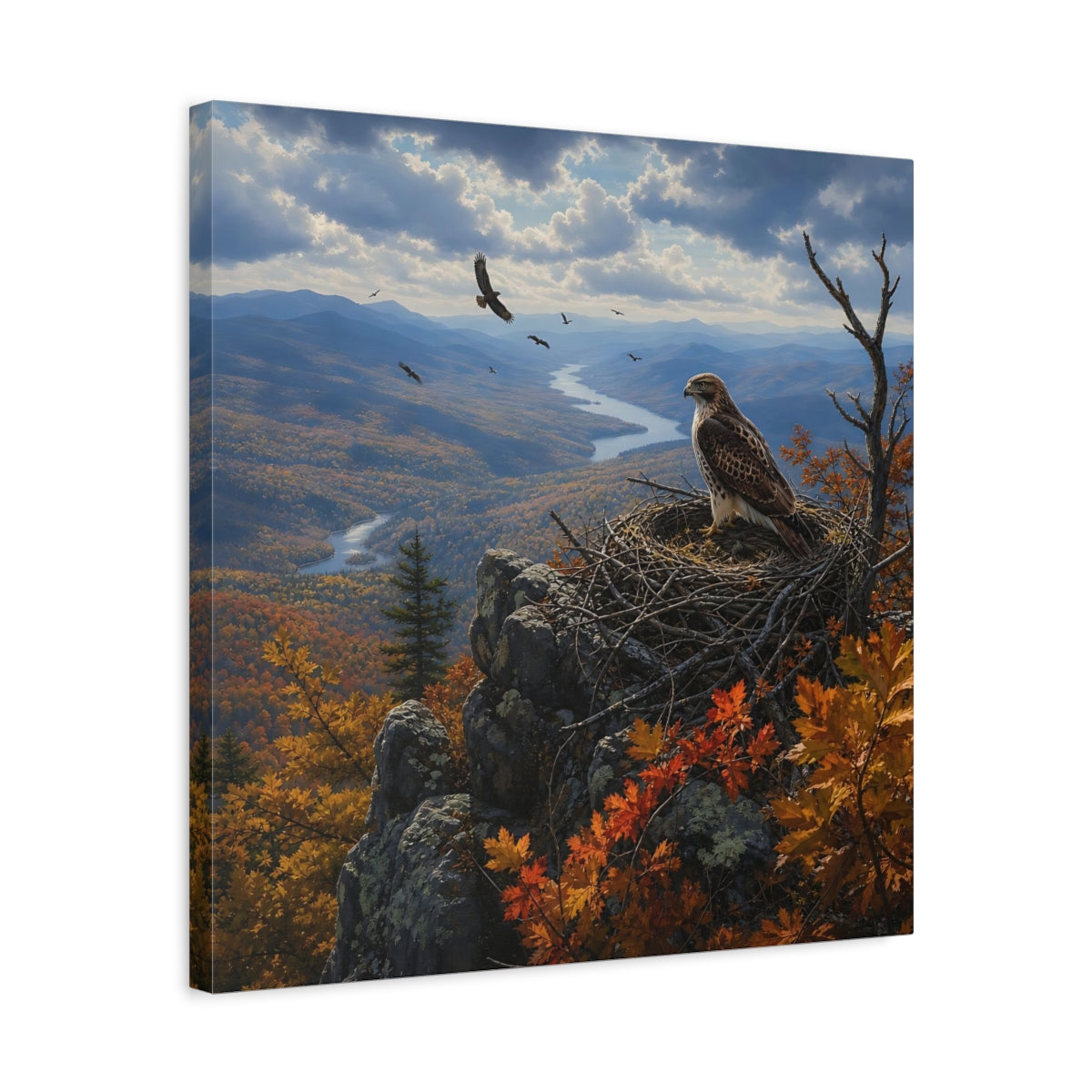 Side Mockup 5. Nature Hawk Autumn Mountain Landscape shown as stretched canvas wall art
