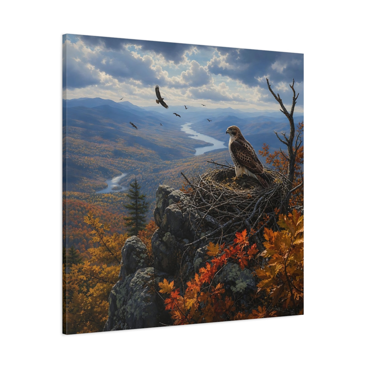 Side Mockup 1. Nature Hawk Autumn Mountain Landscape shown as stretched canvas wall art