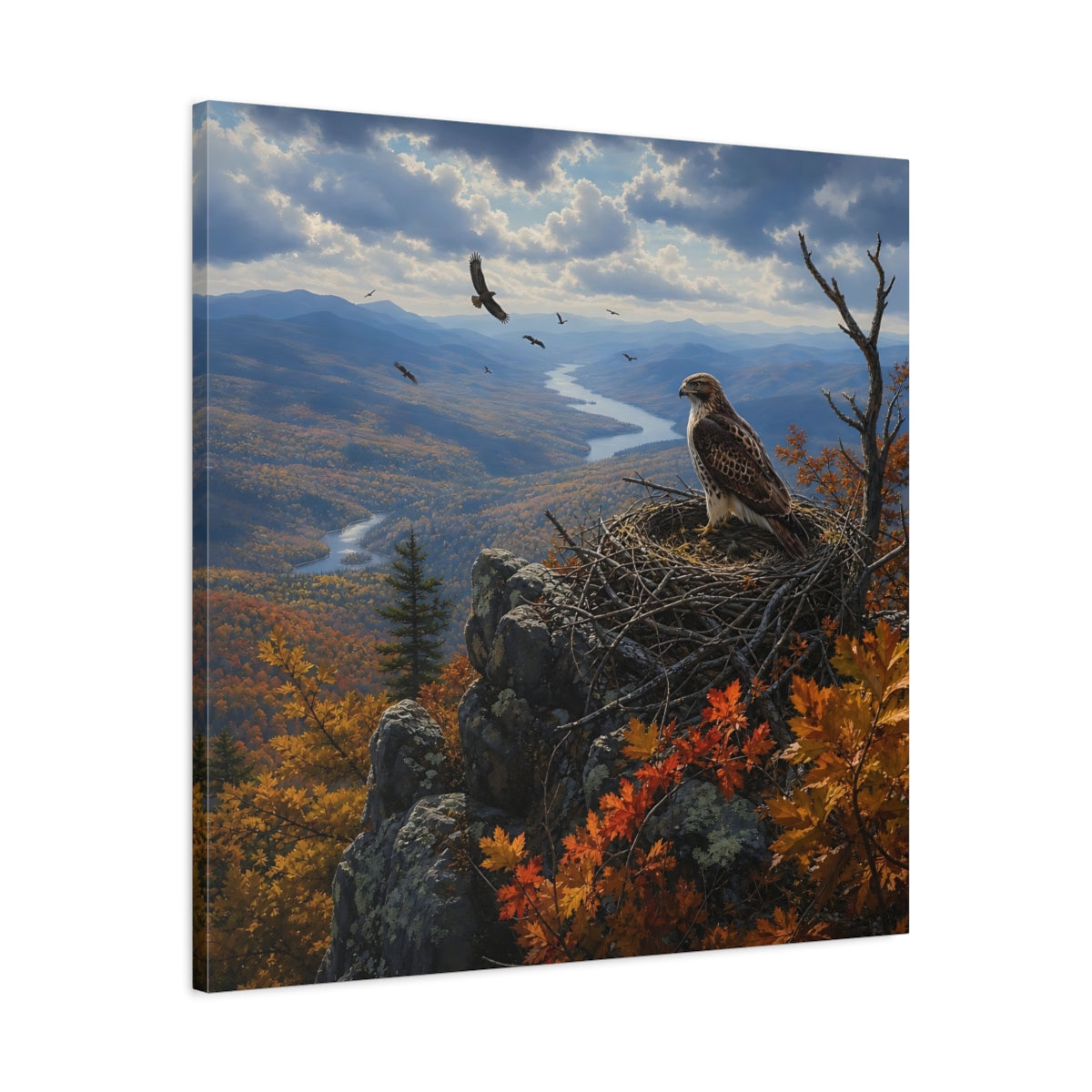 Side Mockup 3. Nature Hawk Autumn Mountain Landscape shown as stretched canvas wall art