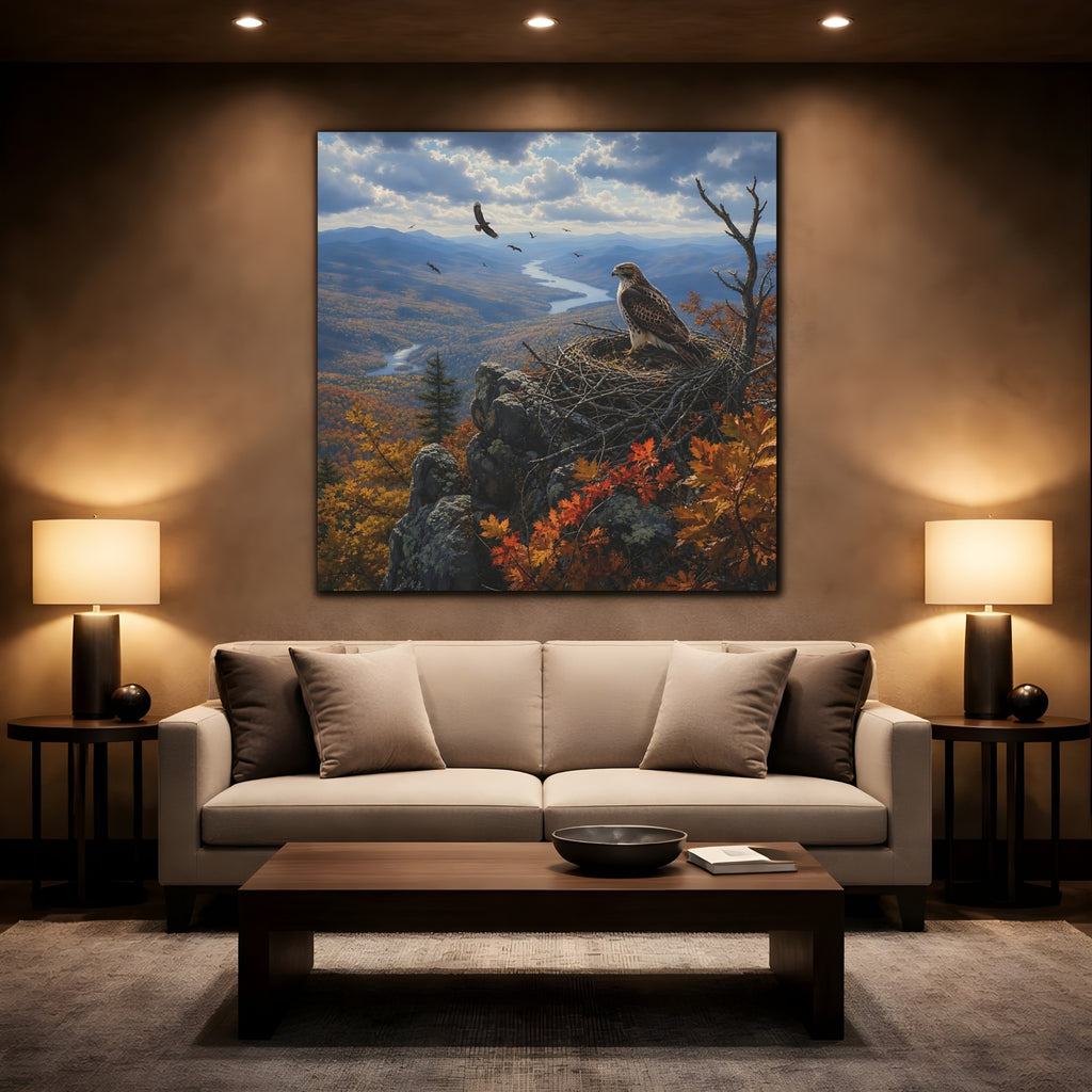 Mockup 2. Nature Hawk Autumn Mountain Landscape shown as stretched canvas wall art