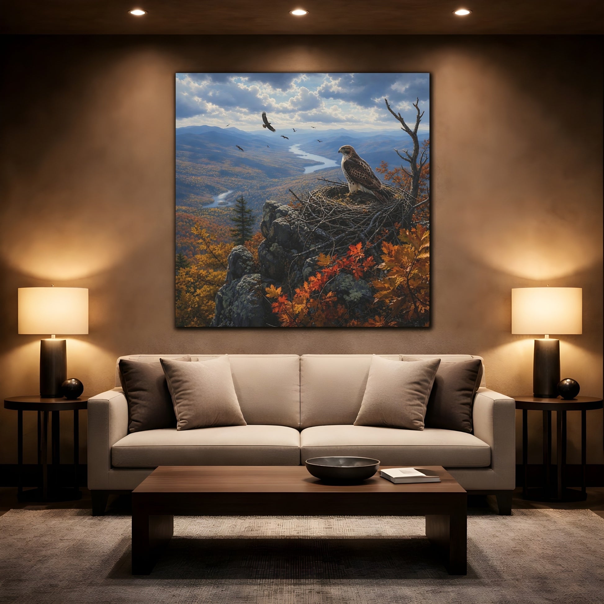 Mockup 2. Nature Hawk Autumn Mountain Landscape shown as stretched canvas wall art