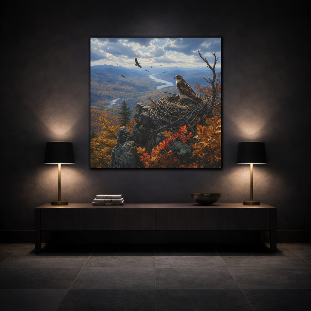 Mockup 3. Nature Hawk Autumn Mountain Landscape shown as stretched canvas wall art