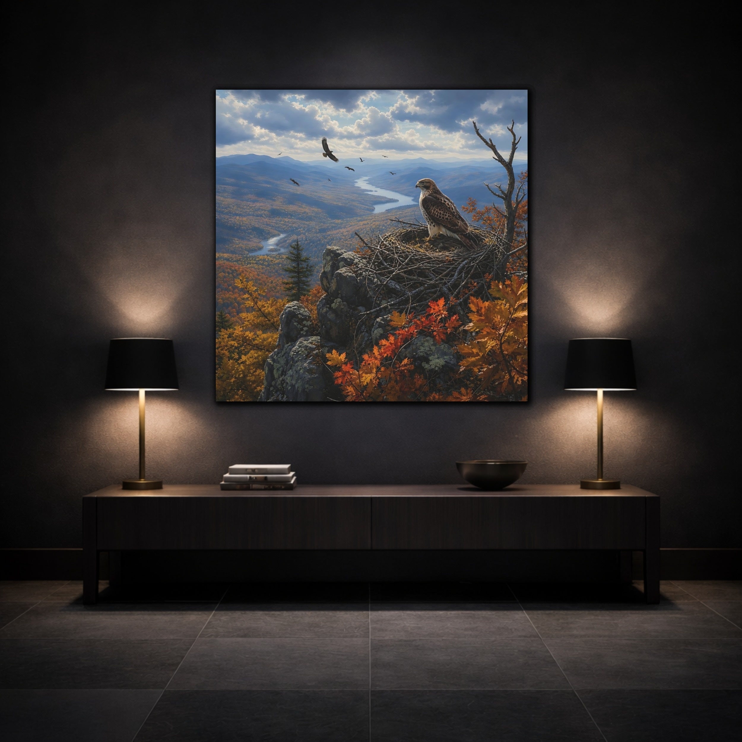 Mockup 3. Nature Hawk Autumn Mountain Landscape shown as stretched canvas wall art