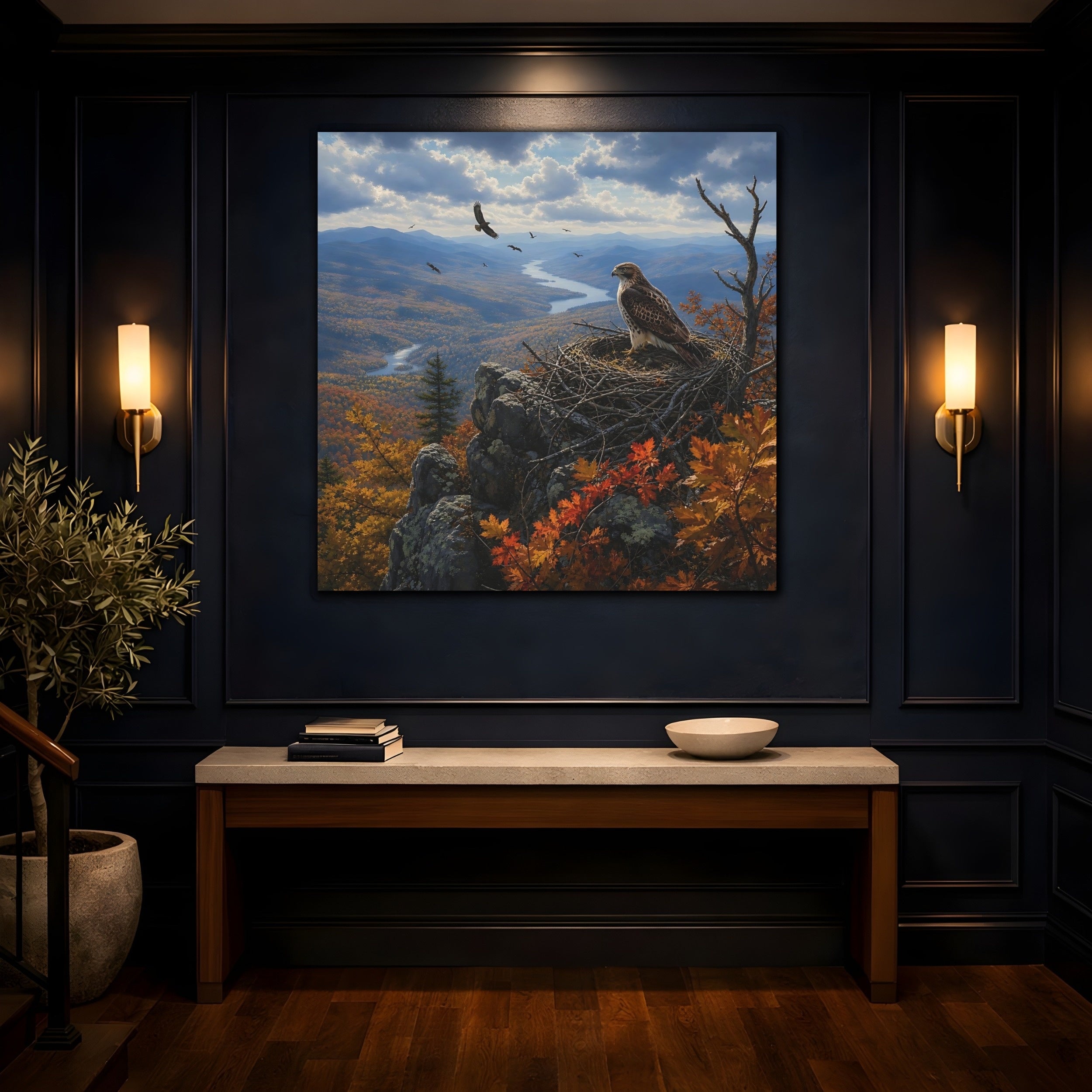 Mockup 4. Nature Hawk Autumn Mountain Landscape shown as stretched canvas wall art