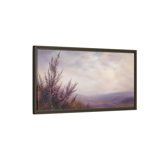Main Mockup. Nature Heather Field Purple Heather Landscape shown as stretched canvas wall art