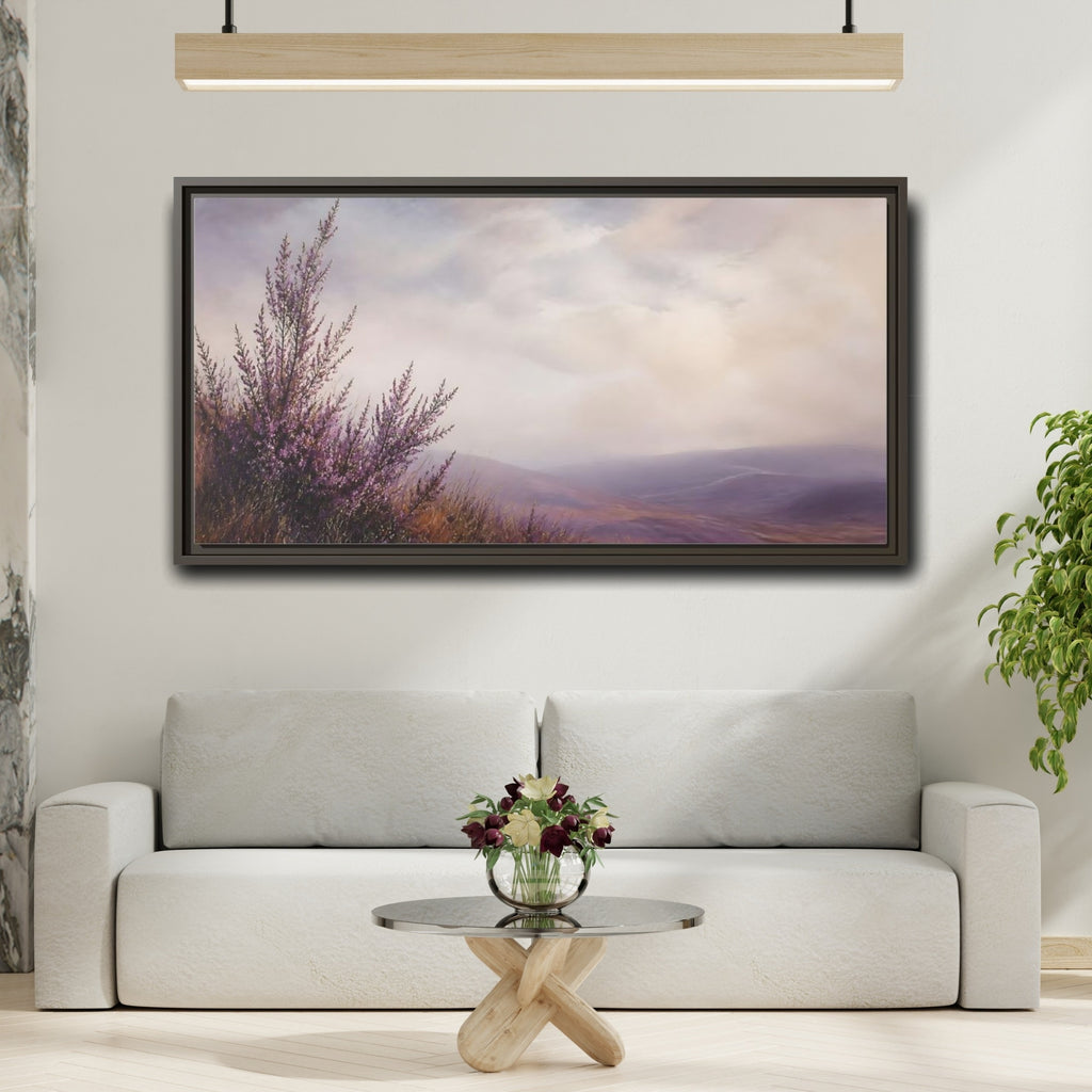 Mockup 2. Nature Heather Field Purple Heather Landscape shown as stretched canvas wall art